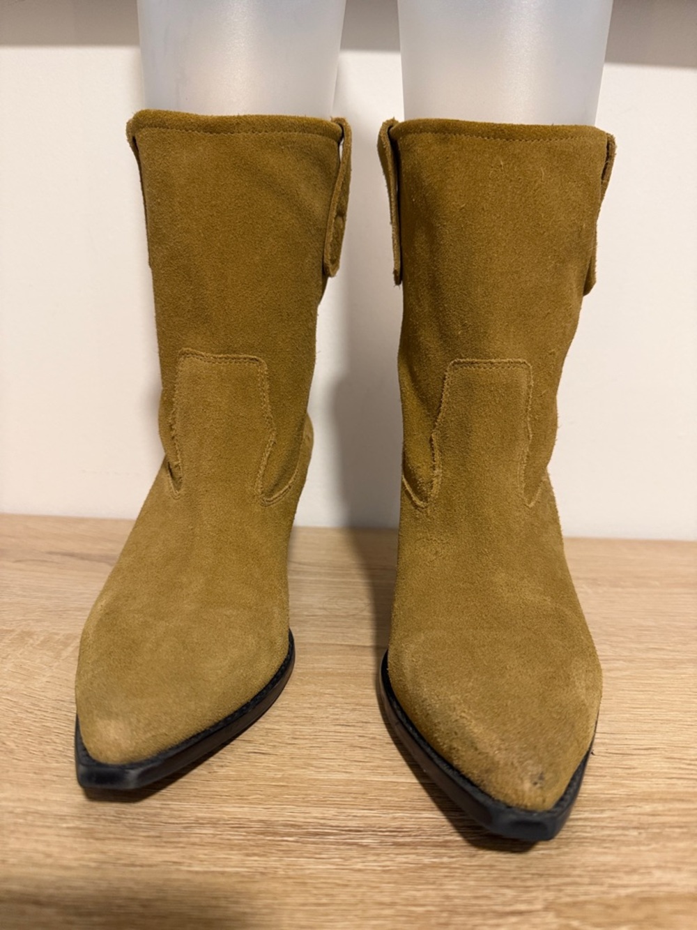 Zara Suede Pointed-Toe Mid-Calf Boots - Mustard
